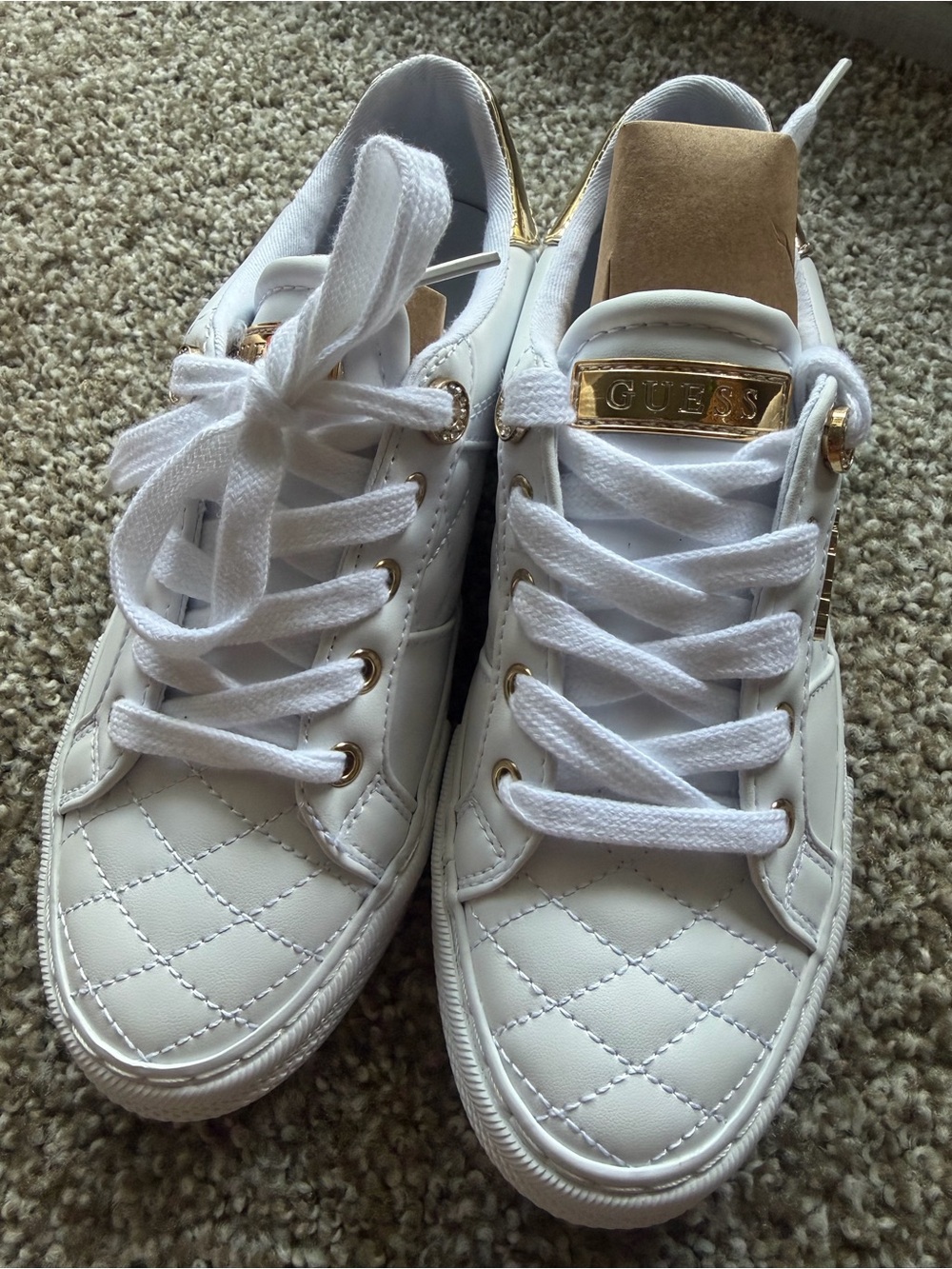 GUESS White Quilted Lace-Up Sneakers with Gold Trim (NEW)